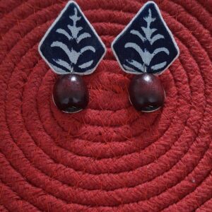 handcrafted indigo fabric earrings with wooden jhumka drop