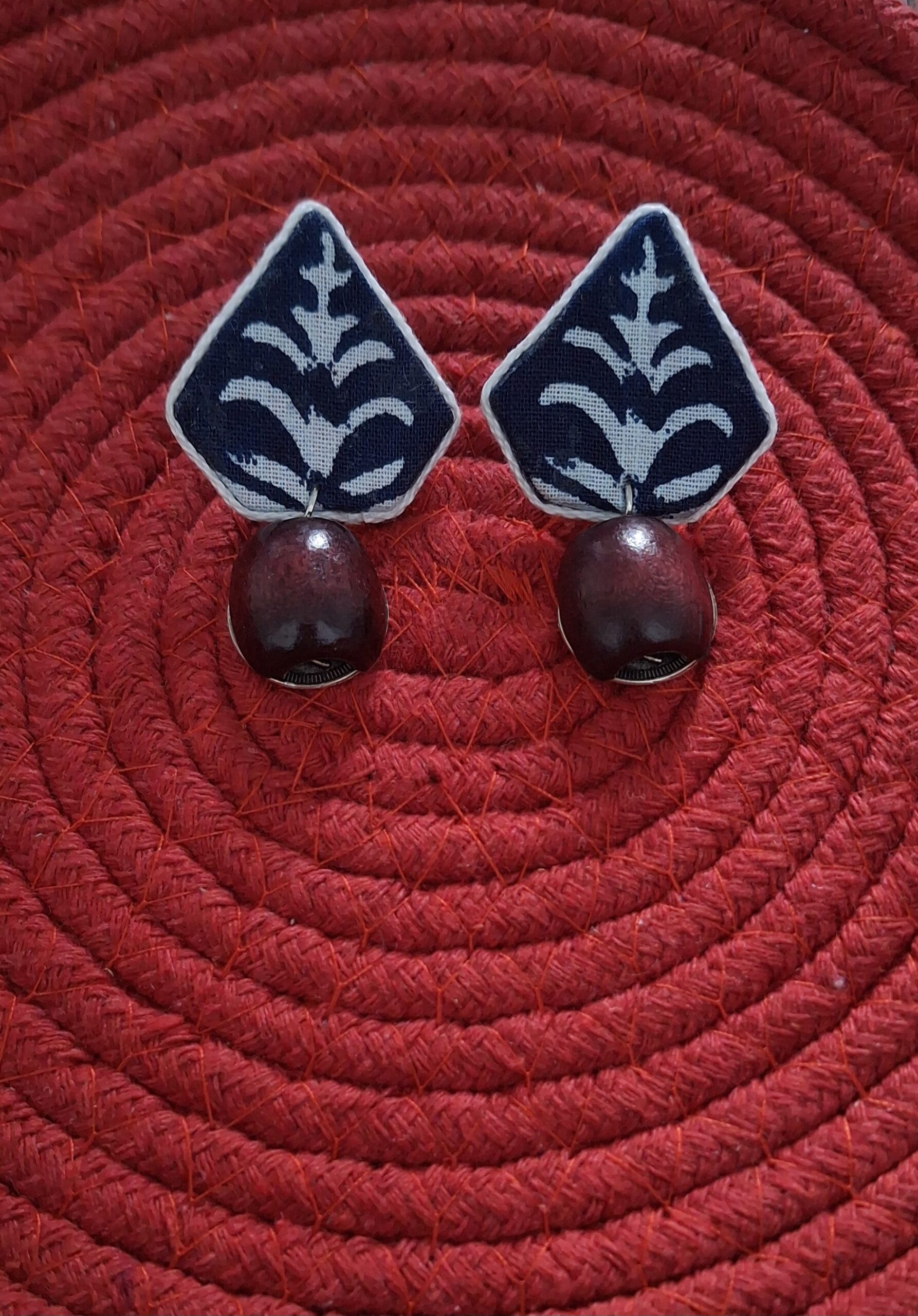 handcrafted indigo fabric earrings with wooden jhumka drop handcrafted indigo fabric earrings with wooden jhumka drop