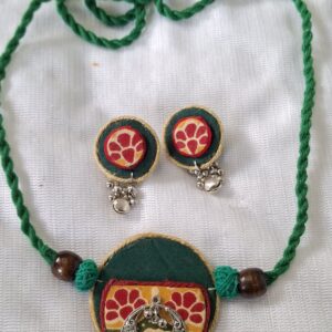 green handcrafted fabric choker set with oxidised pendant & stud earrings