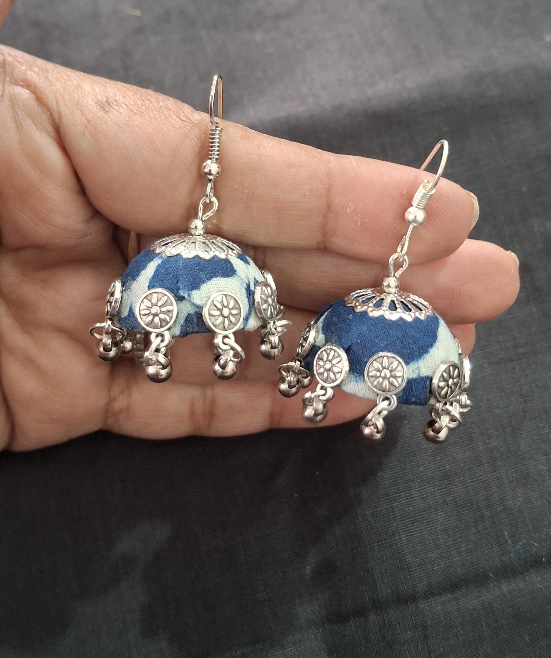 indigo bloom fabric jhumka earrings indigo bloom fabric jhumka earrings