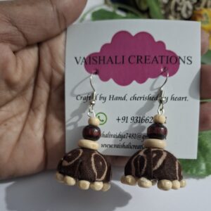 rustic brown fabric jhumka earrings with wooden beads
