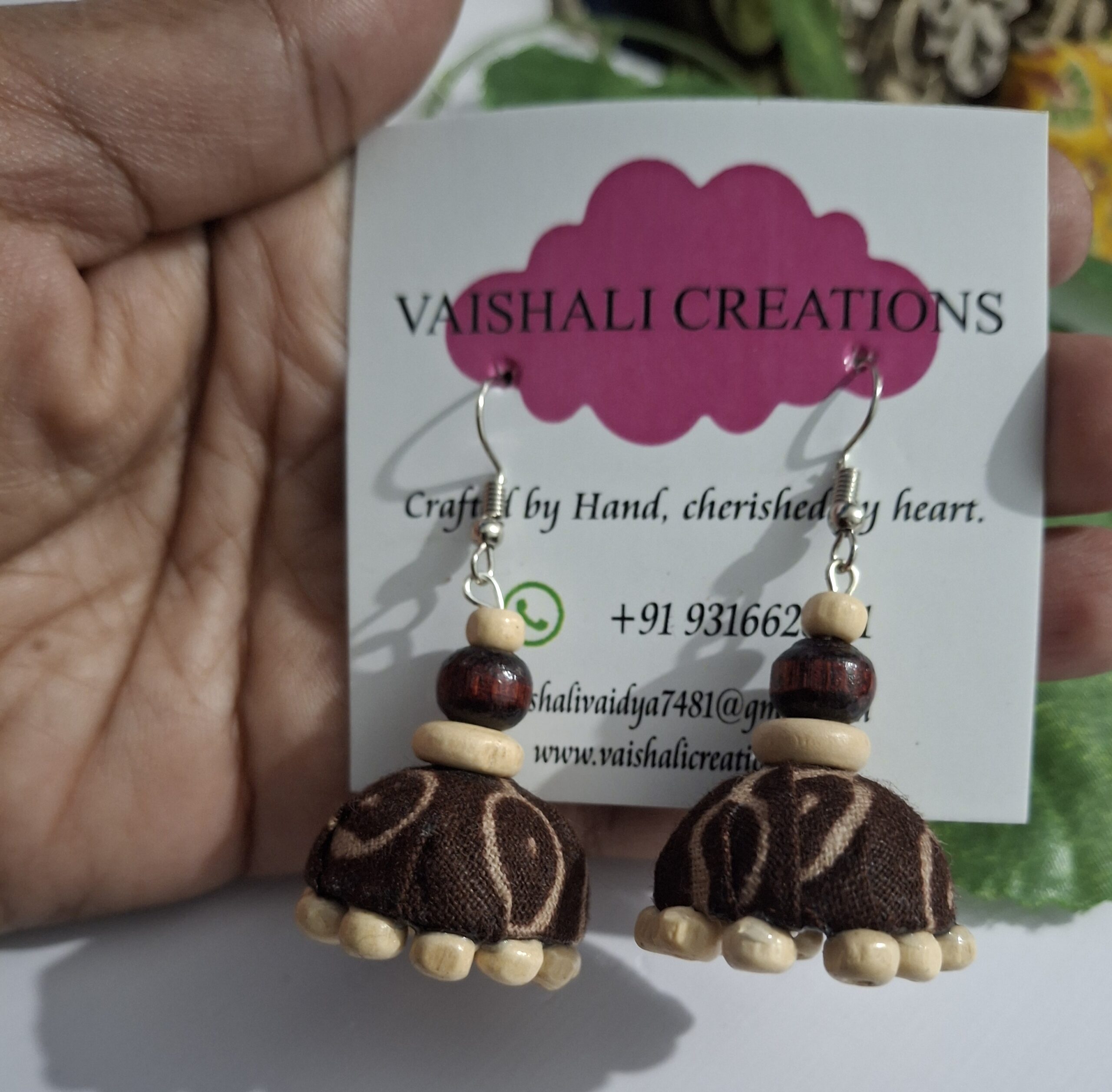 rustic brown fabric jhumka earrings with wooden beads rustic brown fabric jhumka earrings with wooden beads