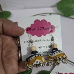 mustard & ivory fabric jhumka earrings with silver ghungroo