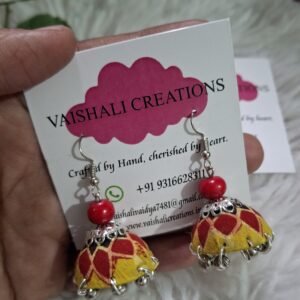 sunshine bloom fabric jhumka earrings with silver ghungroo accents
